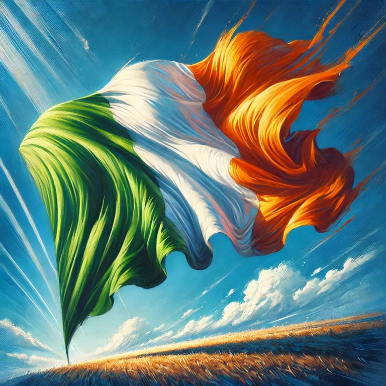 DALL·E 2024-11-18 12.40.51 - An artistic depiction of the Irish tricolor flag, featuring three vertical stripes of green, white, and orange. The flag is shown waving gently in a b