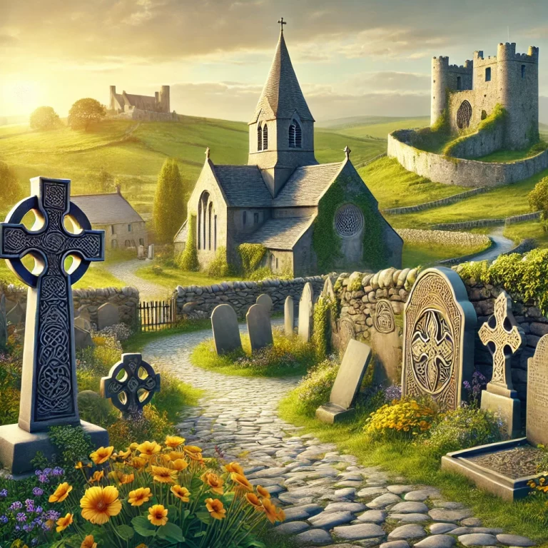 DALL·E 2024-11-18 16.38.48 - A visually stunning image of an old Irish village with cobblestone streets, surrounded by rolling green hills and a backdrop of ancient ruins. The sce