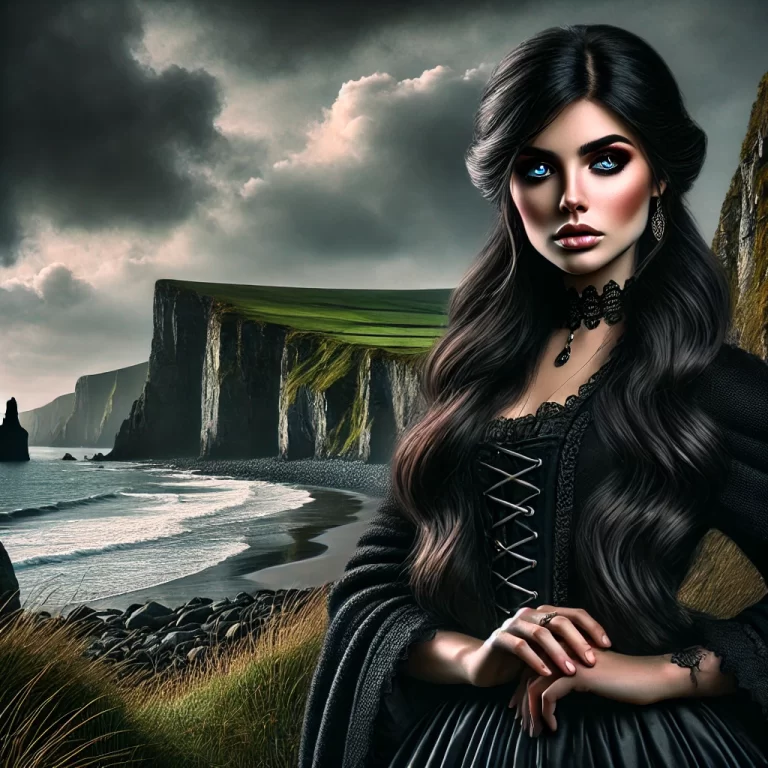 DALL·E 2024-11-20 08.55.53 - A captivating illustration of the concept of the 'Black Irish,' featuring a mysterious dark-haired woman with striking blue eyes, wearing traditional