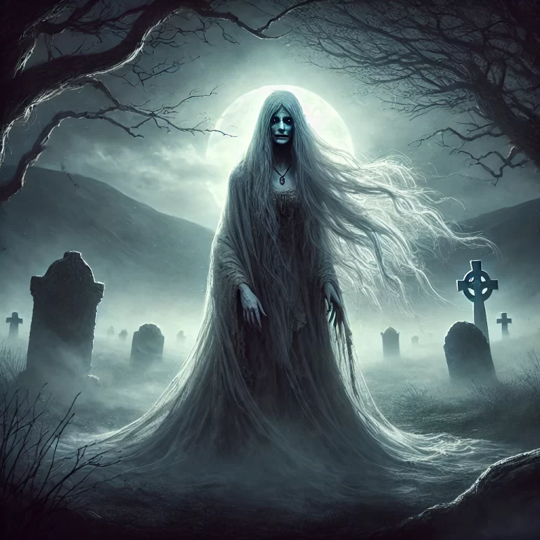 DALL·E 2024-11-20 11.48.51 - A hauntingly ethereal image of a banshee from Irish folklore. The banshee is depicted as a pale, ghostly woman with flowing silver hair and a tattered