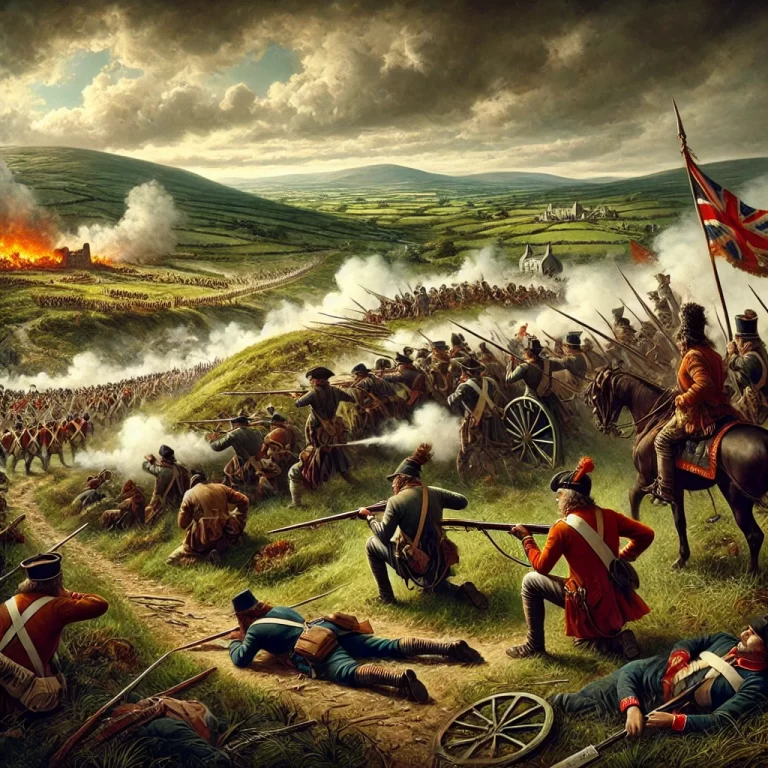 DALL·E 2024-11-26 20.20.48 - A dramatic depiction of the Battle of Vinegar Hill, set in 1798 during the Irish Rebellion. The scene shows Irish rebels armed with pikes and scythes