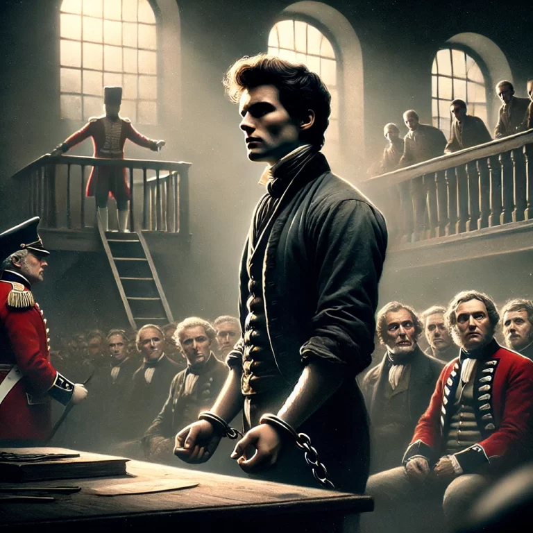 DALL·E 2024-11-26 20.26.16 - A powerful and dramatic depiction of Robert Emmet delivering his famous Speech from the Dock in 1803. The courtroom scene shows Emmet, a young Irish r
