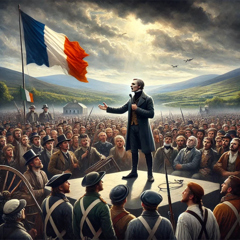 DALL·E 2024-11-26 20.35.30 - A powerful and dramatic depiction of Theobald Wolfe Tone addressing a gathering of United Irishmen in 1790s Ireland. Wolfe Tone stands passionately de