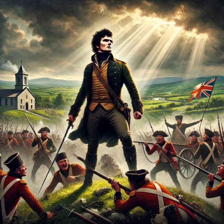 DALL·E 2024-11-26 20.44.41 - A powerful and dramatic depiction of Henry Joy McCracken leading the 1798 Irish rebellion in Antrim. McCracken, a defiant and determined leader, stand