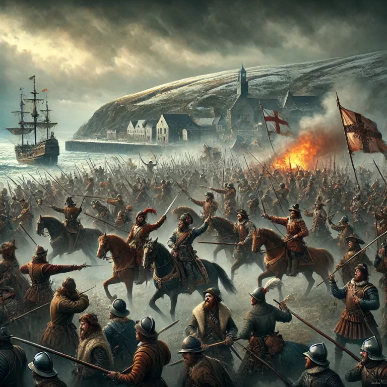 DALL·E 2024-11-26 22.18.03 - A dramatic and historical depiction of the Battle of Kinsale in 1601, showcasing Irish and Spanish forces fighting together against English soldiers.