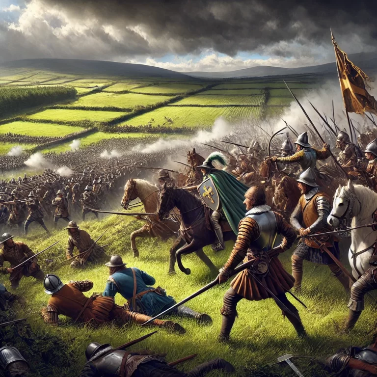 DALL·E 2024-11-26 22.28.52 - A dramatic depiction of the Battle of Clontibret in 1595 during the Nine Years' War in Ireland. The scene shows Hugh O’Neill leading Irish forces, usi