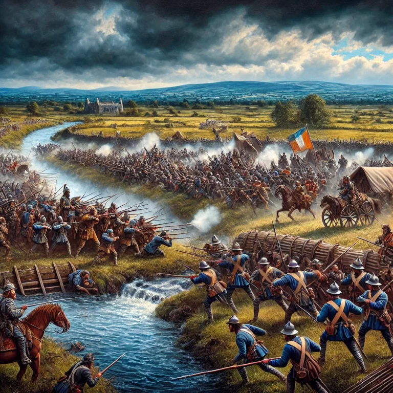 DALL·E 2024-11-26 22.33.35 - A vivid and dramatic depiction of the Battle of the Yellow Ford in 1598, showcasing the intense clash between Irish forces led by Hugh O’Neill and the