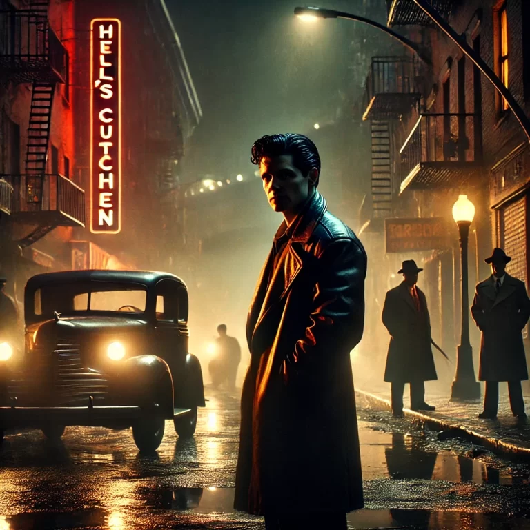 DALL·E 2024-11-28 10.04.40 - A gritty and atmospheric depiction of Hell's Kitchen in the 1970s, featuring dimly lit streets, vintage cars, and shadowy figures in trench coats symb