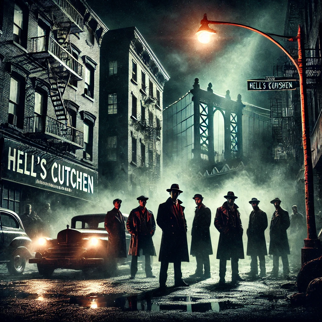 DALL·E 2024-11-28 10.14.41 - A dark and atmospheric depiction of Hell's Kitchen in the 1970s, with shadowy figures representing members of the Irish-American gang, The Westies. Th