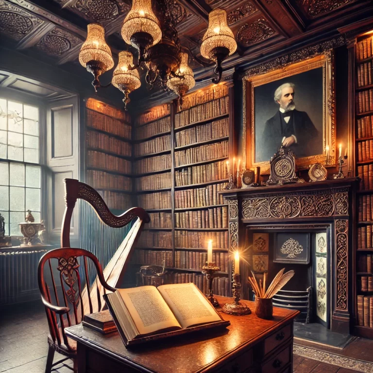 DALL·E 2024-12-03 11.57.32 - A beautifully atmospheric library interior inspired by Irish literature, featuring rows of antique bookshelves filled with old books, a wooden reading