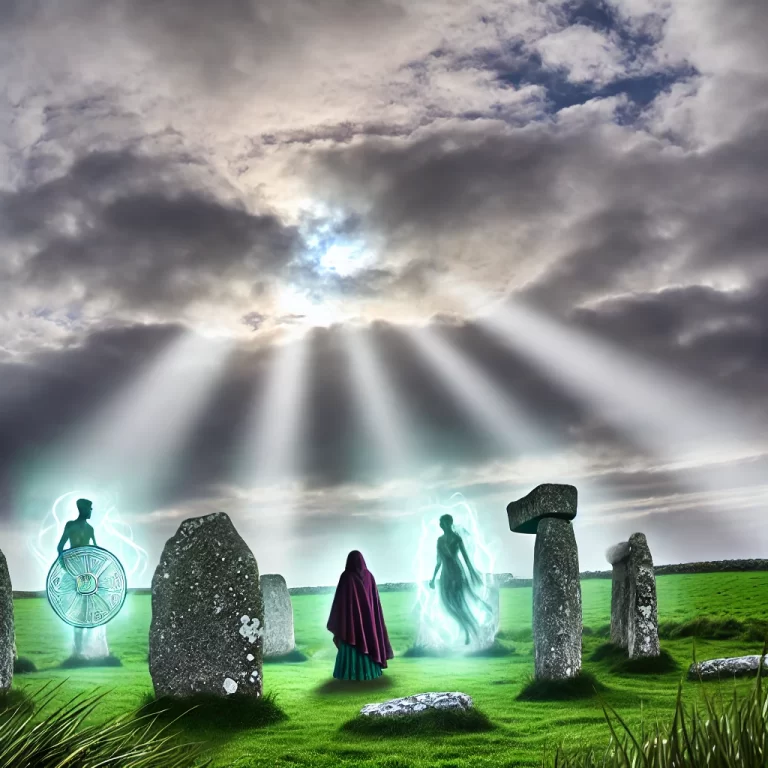 DALL·E 2024-12-03 12.08.41 - A mystical and atmospheric scene inspired by Irish mythology, featuring an ancient stone circle under a moody, overcast sky with beams of sunlight bre