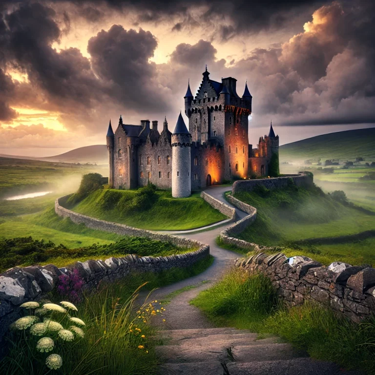 DALL·E 2024-12-03 12.21.00 - A majestic Irish castle perched on a green hill, surrounded by misty rolling landscapes and a dramatic cloudy sky at dusk. The castle showcases a blen