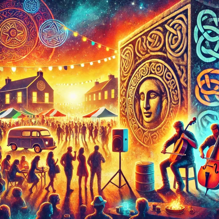 DALL·E 2024-12-03 12.45.23 - A vibrant depiction of an Irish festival scene blending tradition and modernity. In the foreground, a lively crowd gathers under festive lights, with
