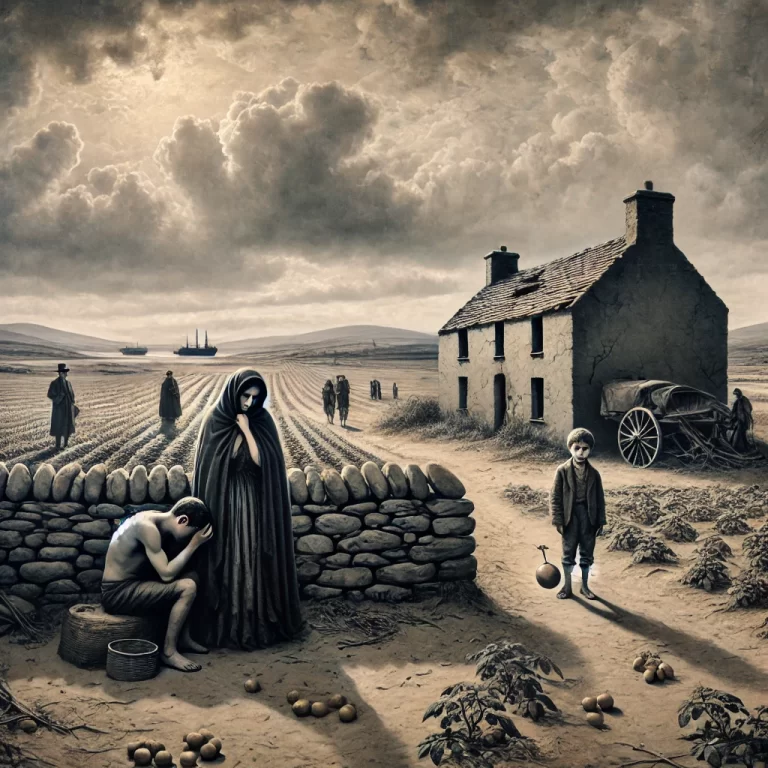 DALL·E 2024-12-03 12.54.05 - A poignant depiction of the Great Famine in Ireland, showing a desolate rural landscape with abandoned stone cottages and barren fields. In the foregr