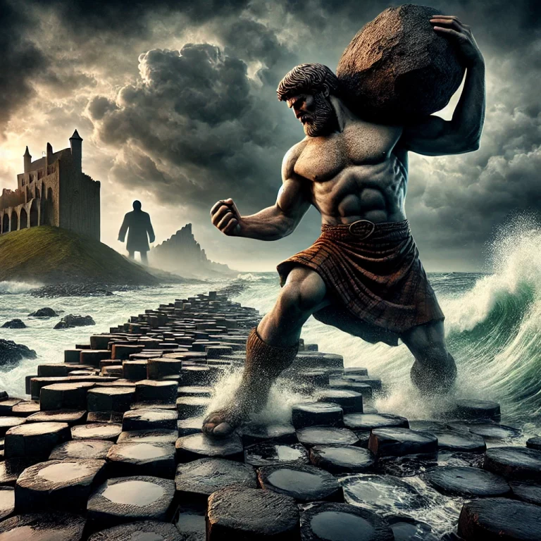 DALL·E 2024-12-03 13.46.40 - A dramatic depiction of Finn McCool building the Giant’s Causeway, with towering basalt columns stretching into the sea under a stormy sky. Finn, a gi
