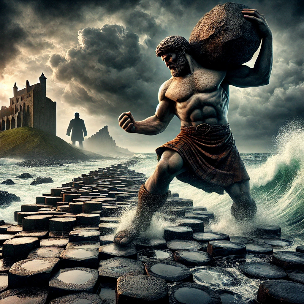 DALL·E 2024-12-03 13.46.40 - A dramatic depiction of Finn McCool building the Giant’s Causeway, with towering basalt columns stretching into the sea under a stormy sky. Finn, a gi
