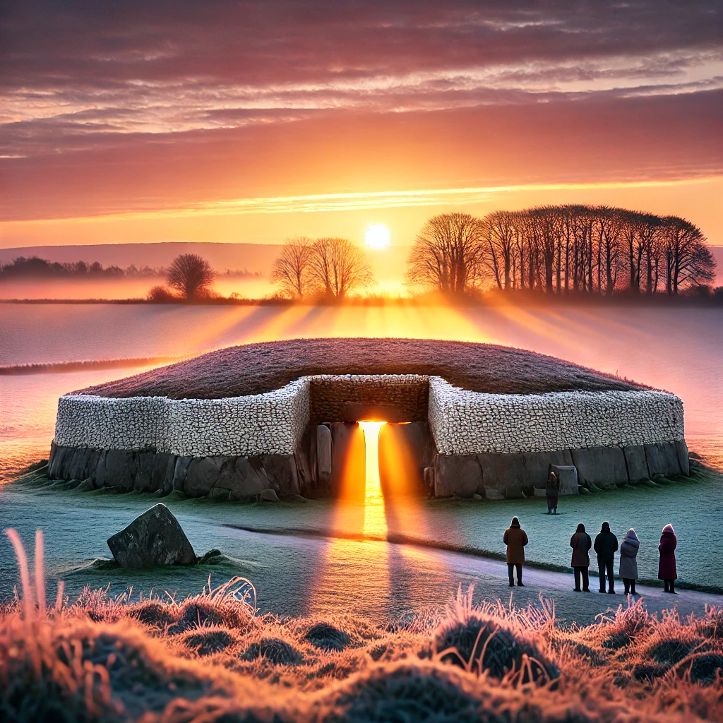 DALL·E 2024-12-05 10.28.09 - A captivating sunrise at Newgrange, Ireland, during the Winter Solstice. The ancient Neolithic stone tomb is bathed in golden sunlight streaming throu