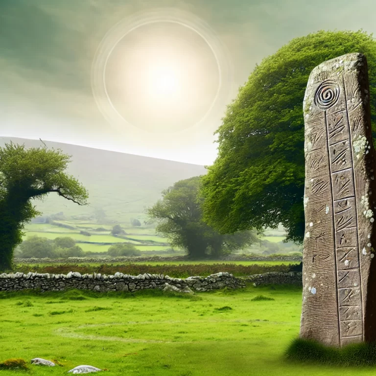 DALL·E 2024-12-08 15.49.40 - A serene Irish countryside setting with a tall, weathered Ogham Stone standing amidst lush green grass, surrounded by rolling hills and ancient trees