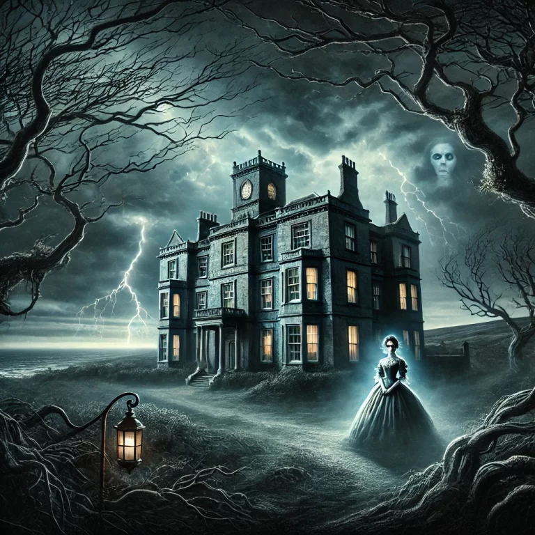 DALL·E 2024-12-08 17.08.06 - A haunting depiction of Loftus Hall on the Hook Peninsula during a stormy night, with dark, ominous clouds and flashes of lightning illuminating the m