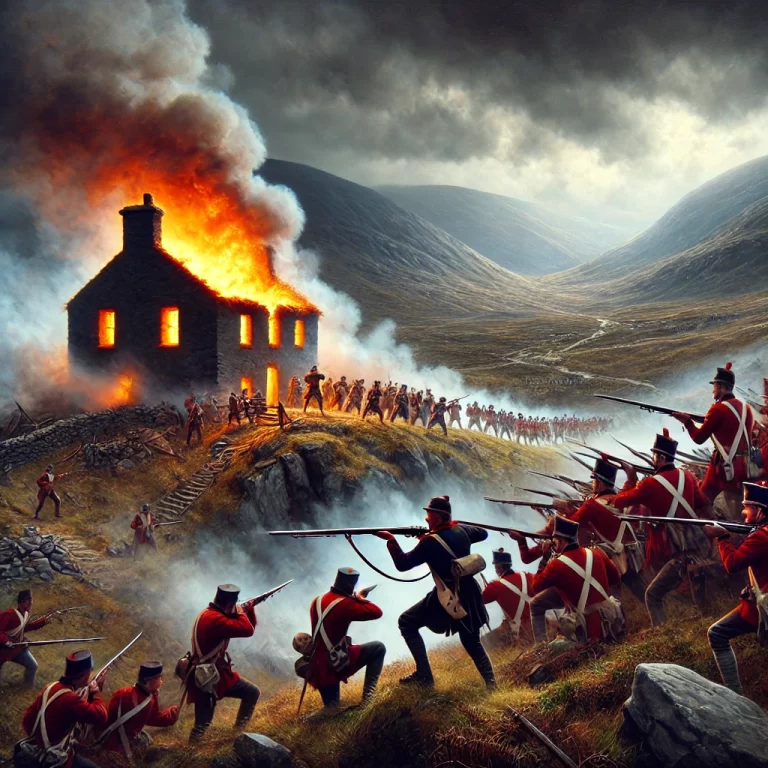 DALL·E 2024-12-08 17.41.11 - A dramatic depiction of the Battle of Derrynamuck in the Wicklow Mountains during the 1798 Rebellion. A group of Irish rebels, armed with muskets, are