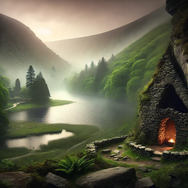 DALL·E 2024-12-08 17.46.58 - A serene depiction of Glendalough in County Wicklow during a misty dawn. The scene features the tranquil Upper Lake surrounded by lush, green hills an