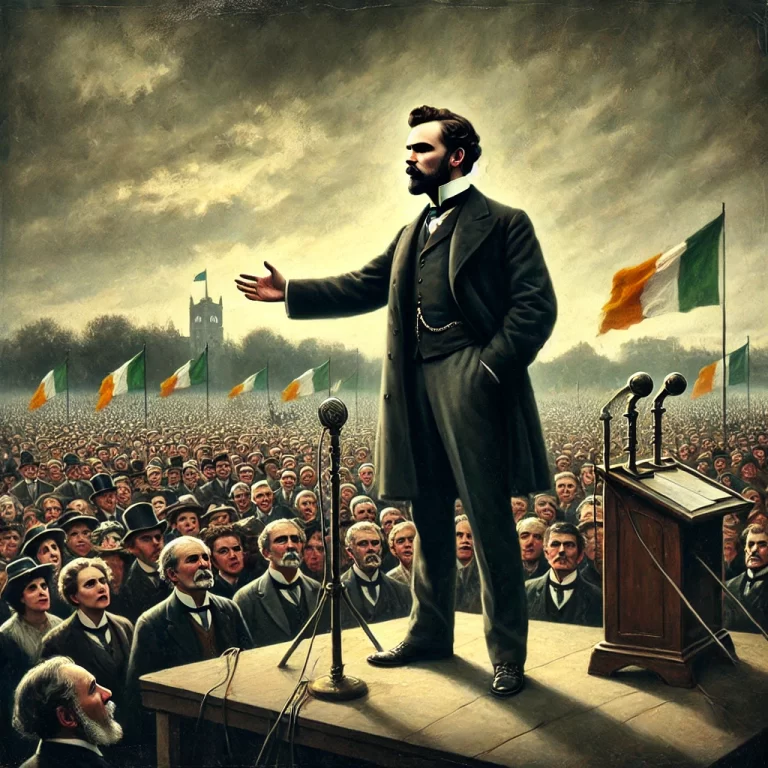 DALL·E 2024-12-08 17.51.43 - A dramatic depiction of Charles Stewart Parnell addressing a crowd during the height of the Home Rule movement in 19th-century Ireland. Parnell, stand