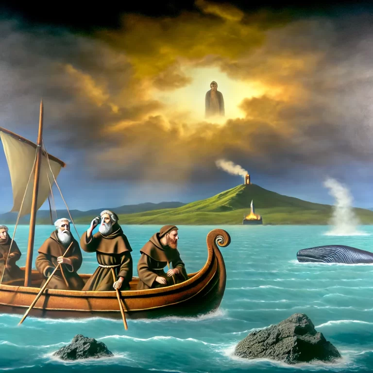 DALL·E 2024-12-08 21.09.18 - A vivid depiction of Saint Brendan the Navigator and his fellow monks on a small currach, a traditional Irish boat made of wood and animal hides, sail