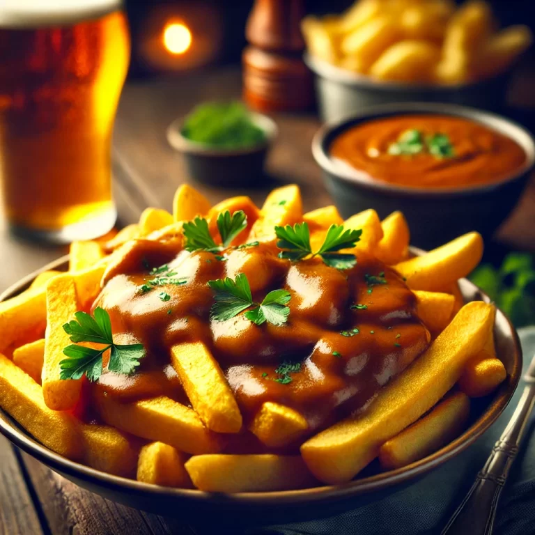 DALL·E 2024-12-08 21.16.21 - A vibrant image of a plate of golden, crispy Irish-style chips (thick-cut fries) smothered in a rich, velvety curry sauce. The dish is garnished with