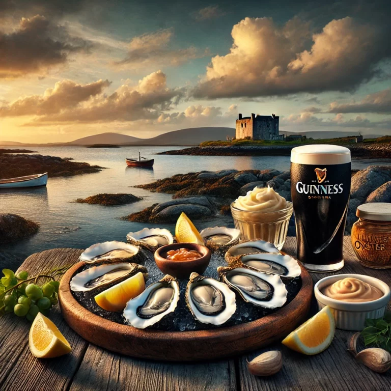 DALL·E 2024-12-08 21.38.32 - A picturesque scene of Clarinbridge oysters freshly shucked and presented on a rustic wooden platter, surrounded by wedges of lemon, a small bowl of m