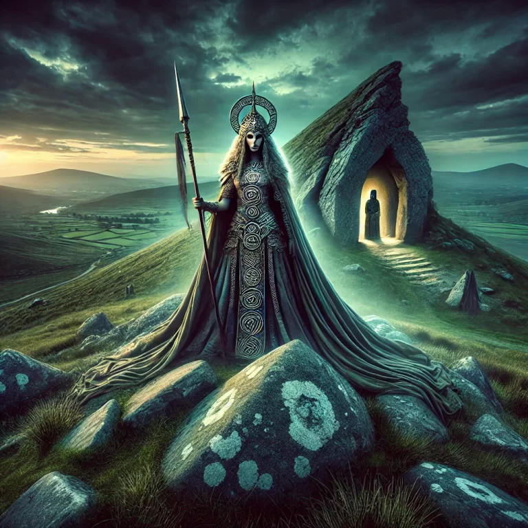 DALL·E 2024-12-08 21.50.10 - A dramatic depiction of Queen Maeve of Connacht standing atop Knocknarea in ancient Ireland, under a twilight sky. She is portrayed as a regal and pow