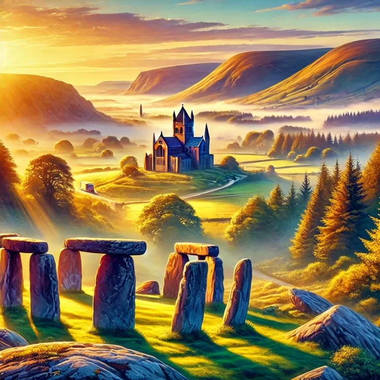 DALL·E 2024-12-09 19.51.16 - A vibrant depiction of Ireland's Ancient East featuring a combination of iconic hidden gems. The scene includes the mystical Whispering Knights Dolmen