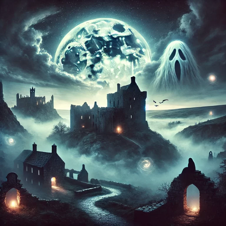 DALL·E 2024-12-09 19.57.06 - A hauntingly atmospheric depiction of Ireland's top haunted historical sites, showcasing eerie locations such as a mist-covered Leap Castle, the shado