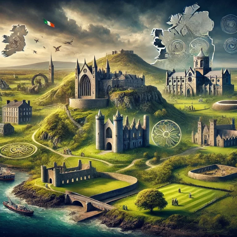 DALL·E 2024-12-10 18.10.48 - A visually captivating depiction of Ireland's OPW heritage sites, featuring iconic landmarks such as the Rock of Cashel, Kilmainham Gaol, and Newgrang