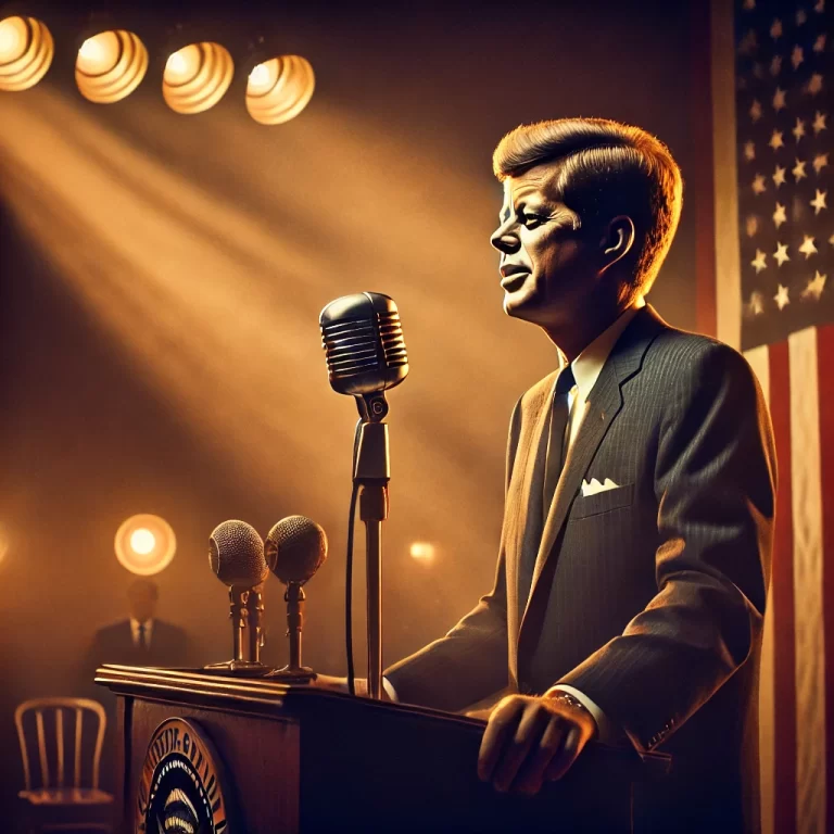 DALL·E 2024-12-10 18.53.05 - A cinematic, moody illustration of John F. Kennedy delivering a speech at a podium in front of an American flag, with warm, dramatic lighting highligh