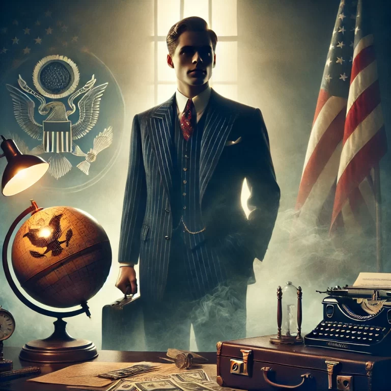 DALL·E 2024-12-10 19.01.46 - A cinematic, moody illustration of Joseph P. Kennedy Sr. standing confidently in a 1930s-era setting, surrounded by symbols of wealth and influence, s