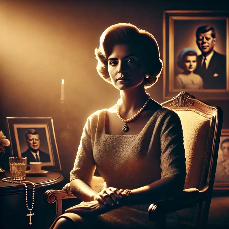 DALL·E 2024-12-10 21.30.12 - A cinematic, moody illustration of Rose Kennedy in an elegant 20th-century setting, seated in a sophisticated chair with family portraits and a rosary