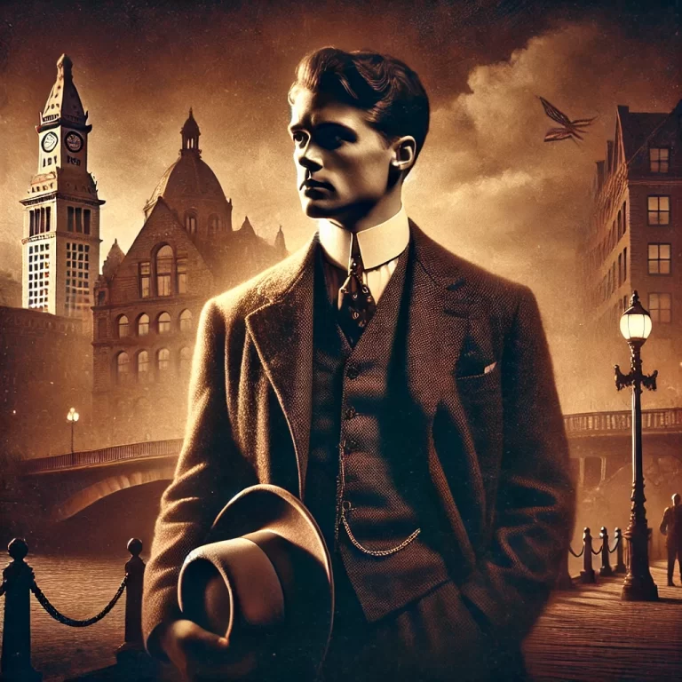 DALL·E 2024-12-10 21.37.56 - A cinematic, moody illustration of John Francis Fitzgerald, also known as 'Honey Fitz,' standing confidently in a historical early 20th-century Boston