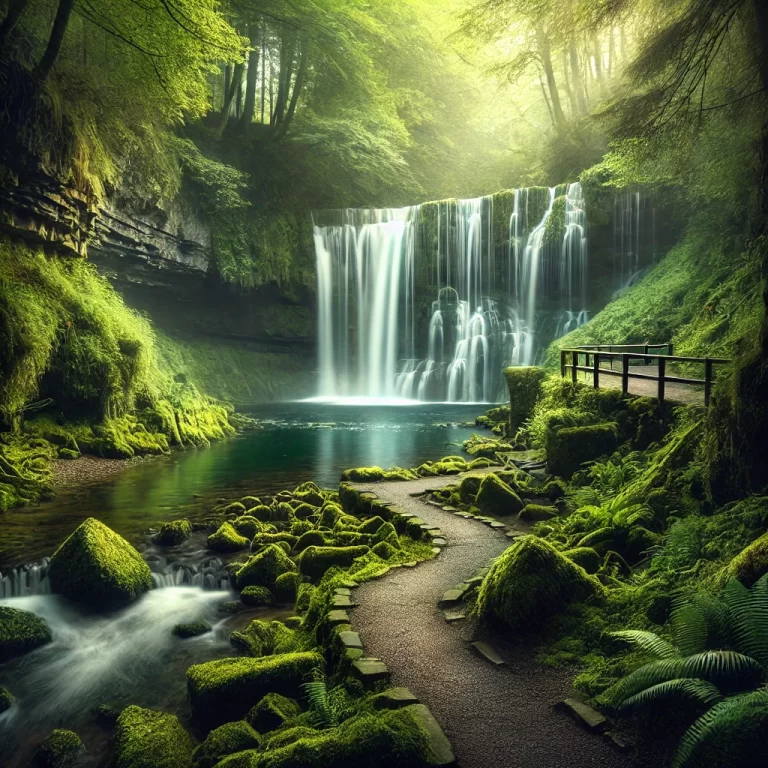 DALL·E 2024-12-11 16.10.51 - A serene and enchanting view of Glencar Waterfall in Ireland, surrounded by lush green vegetation and moss-covered rocks. The waterfall cascades grace