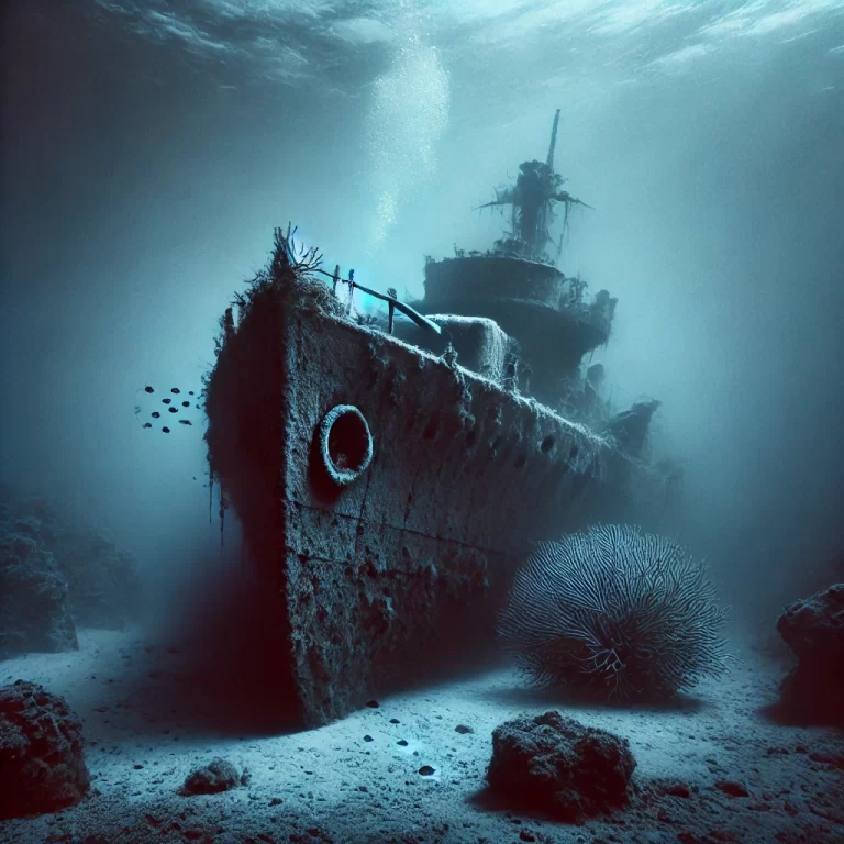 DALL·E 2024-12-11 16.57.56 - A somber and poignant underwater scene showing the wreckage of the USS Juneau resting deep on the ocean floor. The ship is partially encrusted with co