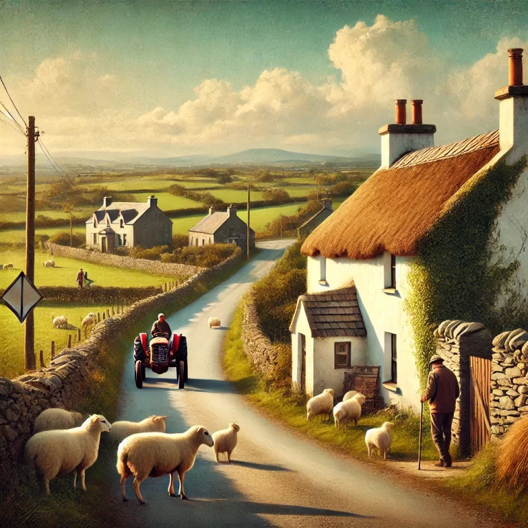 DALL·E 2024-12-11 17.04.14 - A nostalgic and picturesque scene of the Irish countryside, featuring rolling green fields dotted with sheep, a narrow winding road with a tractor pas