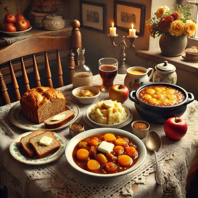 DALL·E 2024-12-11 17.09.18 - A cozy and inviting Irish kitchen table scene featuring traditional dishes such as Irish soda bread, a steaming bowl of hearty Irish stew, mashed pota