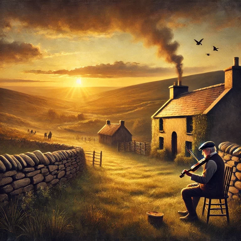 DALL·E 2024-12-11 17.16.27 - An evocative scene of an Irish countryside at sunset, with a lone traditional musician playing a violin or fiddle near a stone wall. The background in