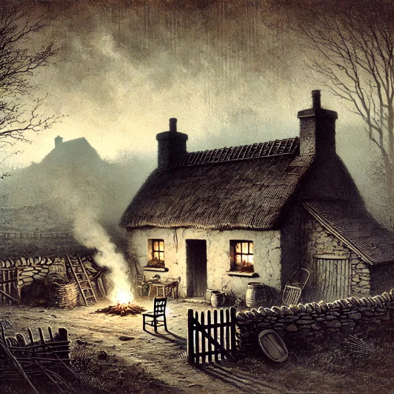 DALL·E 2024-12-11 17.21.15 - A haunting yet poignant illustration of a rural Irish cottage in the 19th century, surrounded by mist and dimly lit by a flickering fire inside. The s