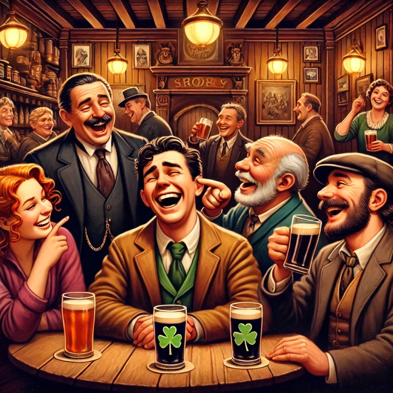 DALL·E 2024-12-11 21.14.09 - A humorous, lighthearted illustration depicting a traditional Irish pub setting with a lively group of people exchanging witty remarks and laughter. T