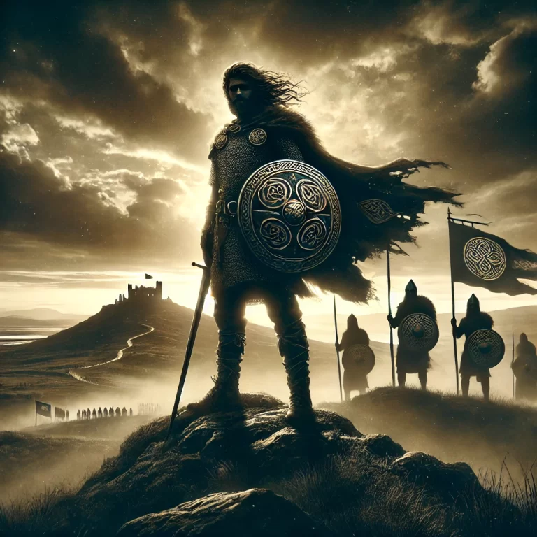 DALL·E 2024-12-11 21.20.31 - A dramatic and moody illustration of Niall of the Nine Hostages, a legendary Irish king, standing on a rugged hilltop under a cloudy sky. He is depict