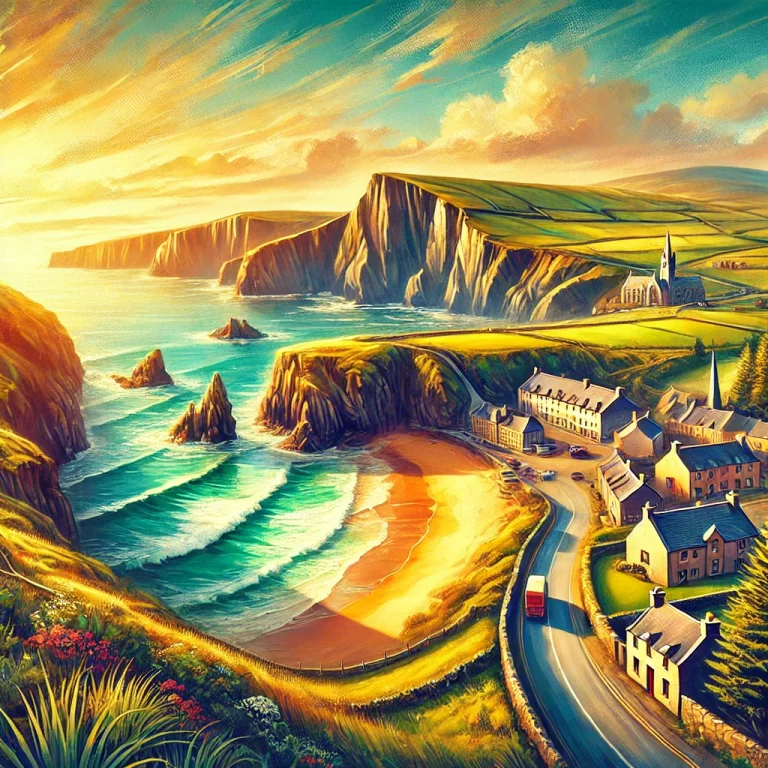 DALL·E 2024-12-12 13.30.52 - A breathtaking, vibrant illustration of County Donegal, showcasing its wild and rugged beauty. The image features the dramatic cliffs of Slieve League