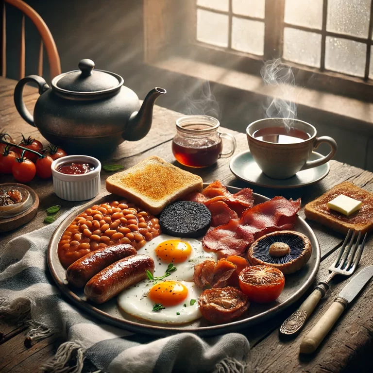 DALL·E 2024-12-12 13.36.53 - A realistic, high-quality image of a traditional full Irish breakfast served on a rustic wooden table. The plate includes crispy rashers (Irish bacon)