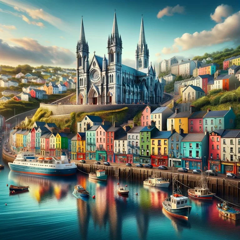 DALL·E 2024-12-12 13.43.04 - A realistic and vibrant image of the picturesque town of Cobh, Ireland, showcasing its colorful houses cascading down the hillside, with the iconic St