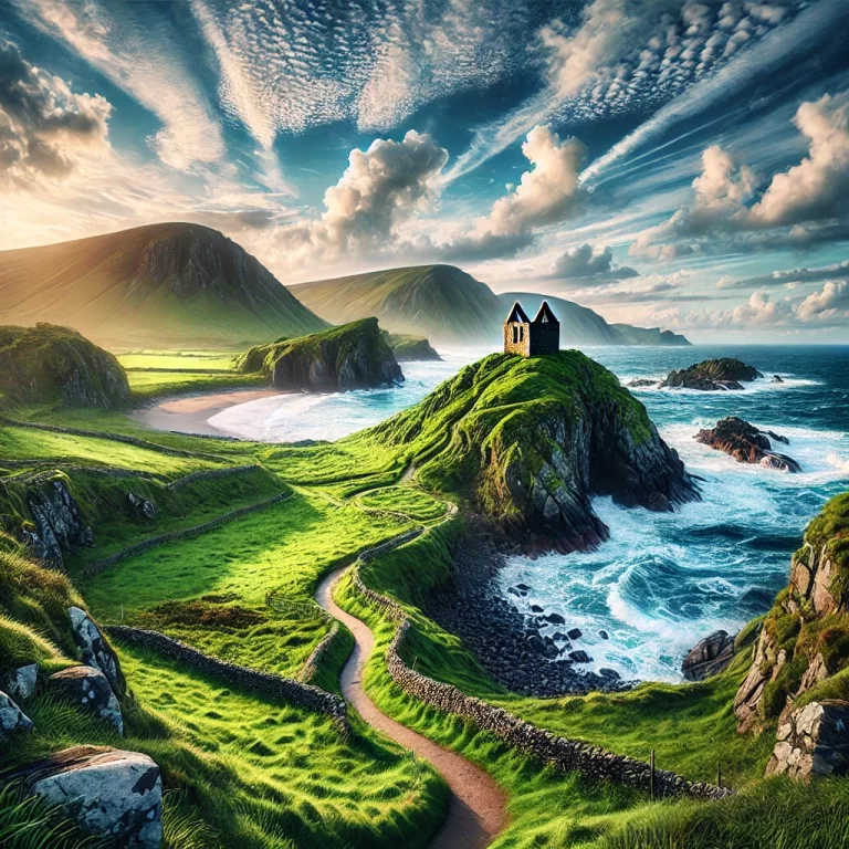 DALL·E 2024-12-12 13.49.46 - A realistic, high-quality image capturing the wild beauty of Ireland's landscapes. The scene features a dramatic coastline with rugged cliffs, lush gr