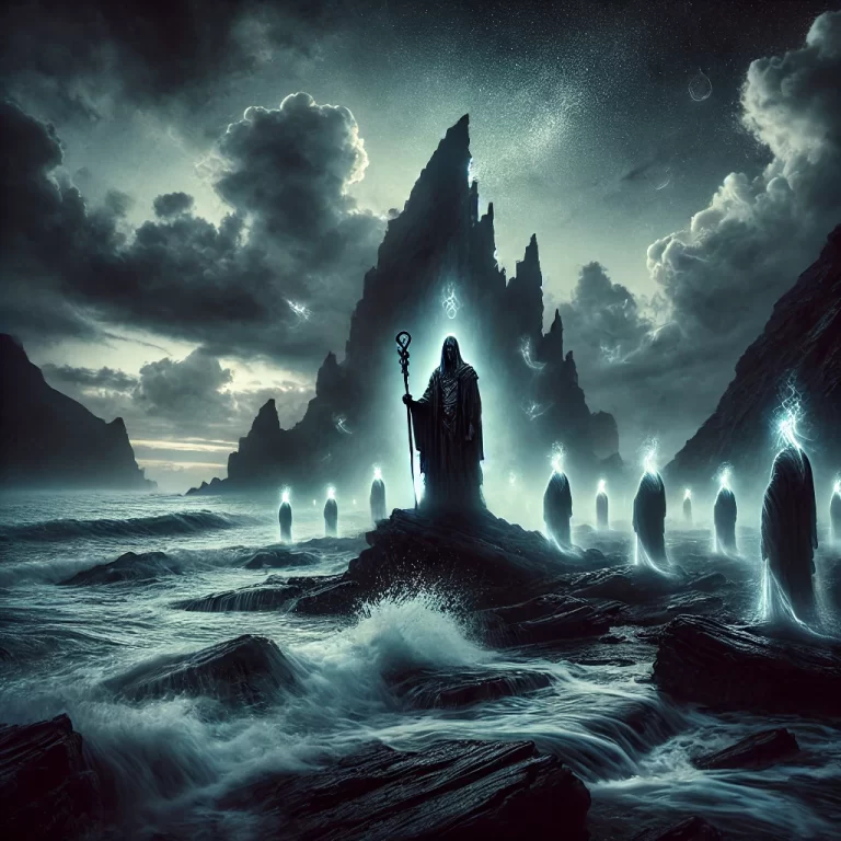 DALL·E 2024-12-12 13.55.04 - A dramatic and mystical depiction of Donn, the Irish Lord of the Dead, standing on a rocky island shrouded in mist, representing Tech Duinn. The scene